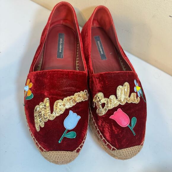 Dolce & Gabbana Shoes Womens 40 Red Velvet Mamma Bella Embellished Espadrille - Picture 2 of 8